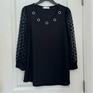 Womens L Black polka dot lace formal long sleeve blouse 
round neck sparkle